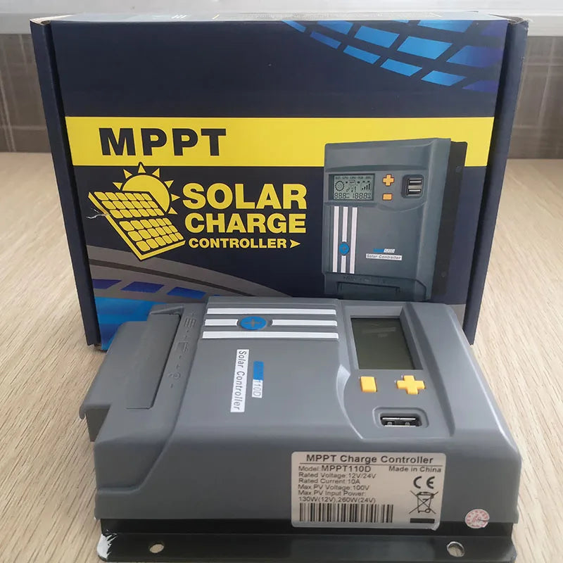 10A MPPT Solar Charge Controller, MPPT solar charger with WiFi/Bluetooth, 12V/24V display, battery regulation, and dual USB outlets for charging LiFePO4 batteries.