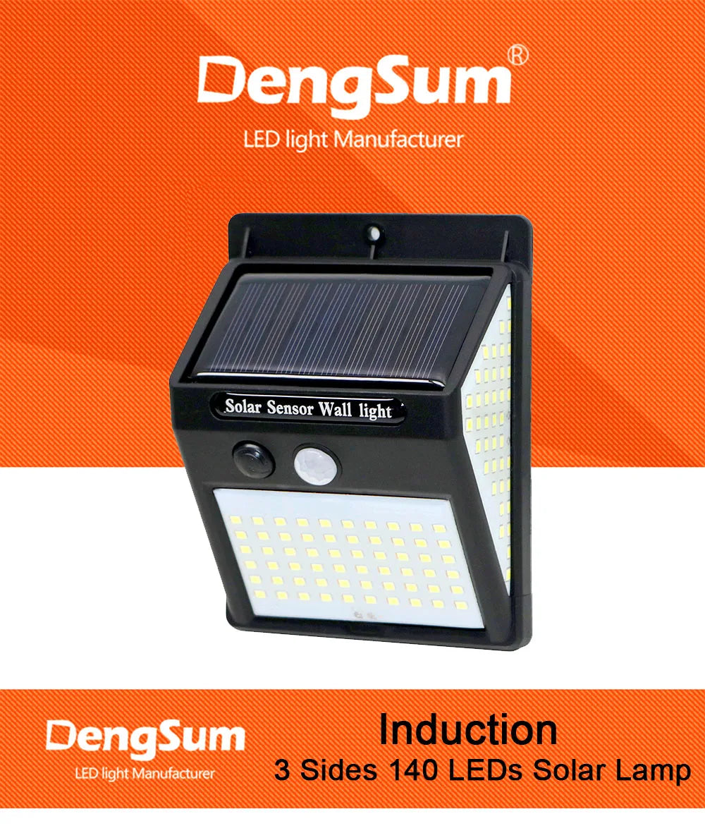 3sided 140LED PIR Motion Sensor Sunlight, Triple-sided solar lamp with 140 LEDs and motion sensor for outdoor lighting control.