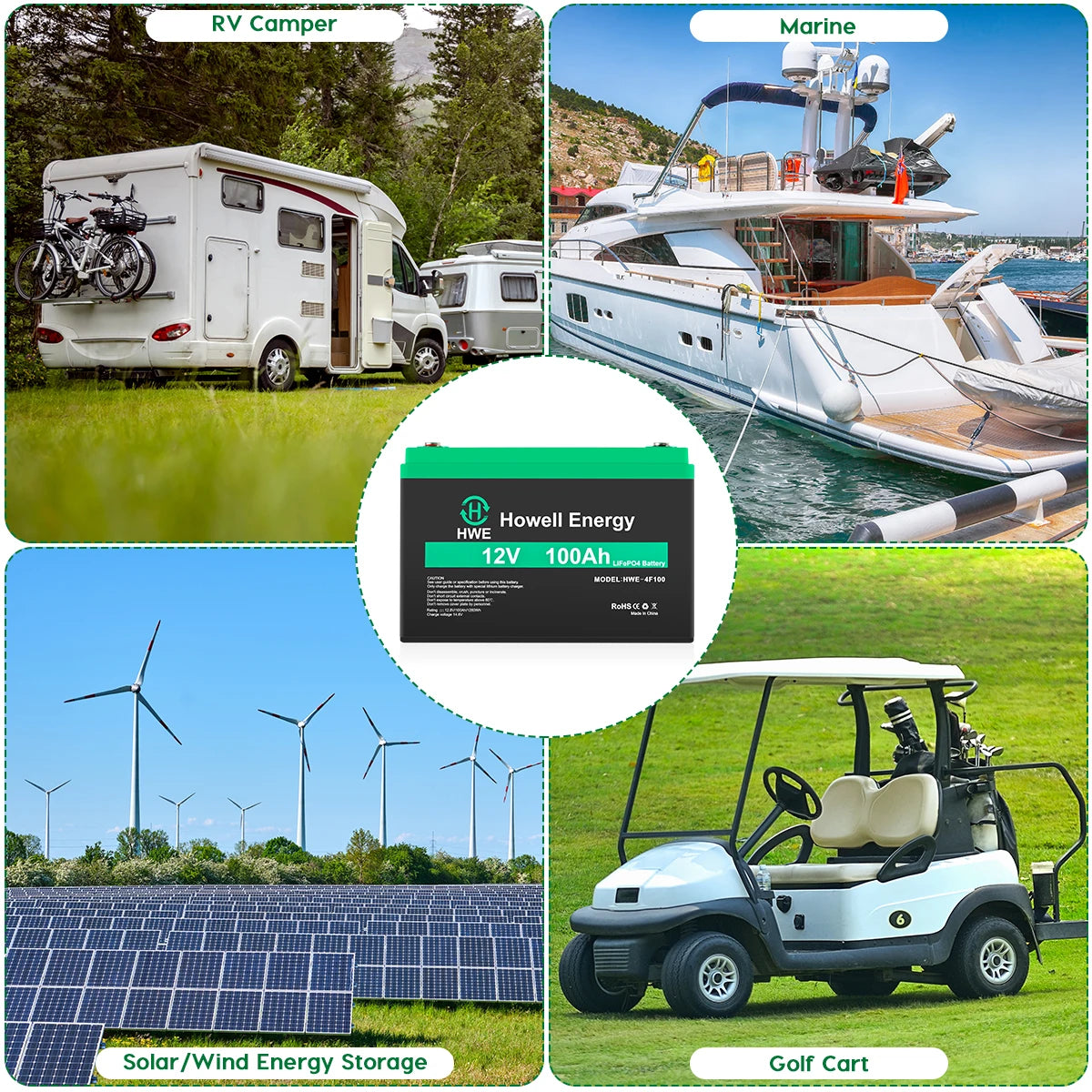 Howell 12v 100ah Battery, High-capacity LiFePO4 battery for RVs, campers, marines, and golf carts, ideal for solar and wind energy storage.