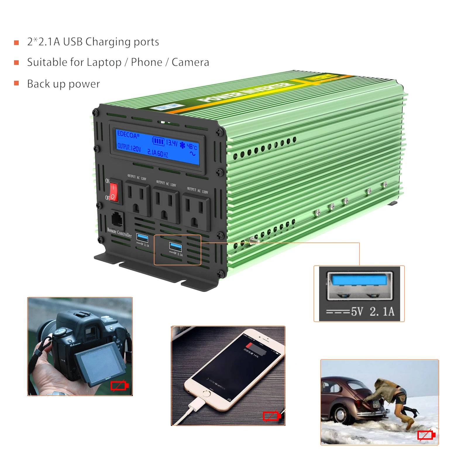 Pure sine wave inverter converts DC to AC power, ideal for backup power applications.