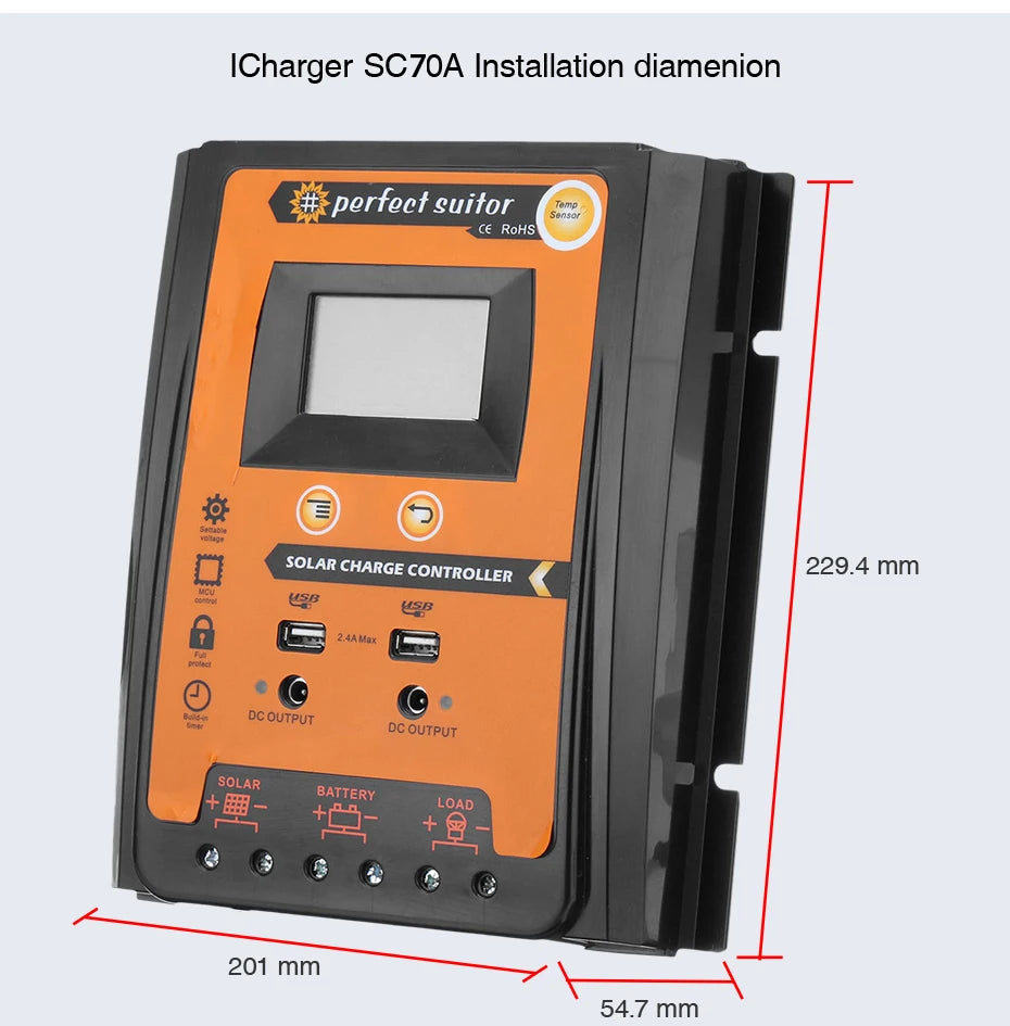 PowMr Solar Panel MPPT Solar Charge Controller, Compact solar panel charge controller with 70A output, USB ports, and LCD display.