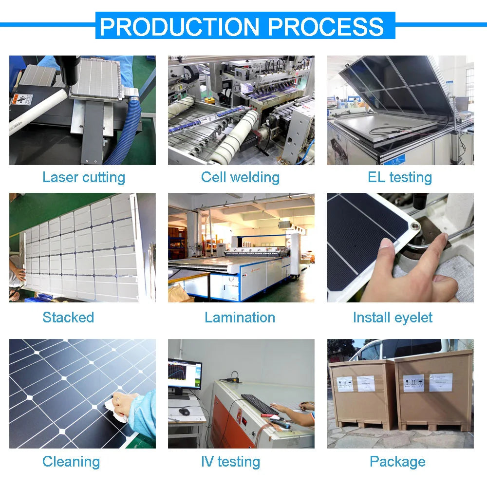 12V Flexible Solar Panel, Manufacturing process involves various steps, including laser cutting and assembly, for final product preparation.