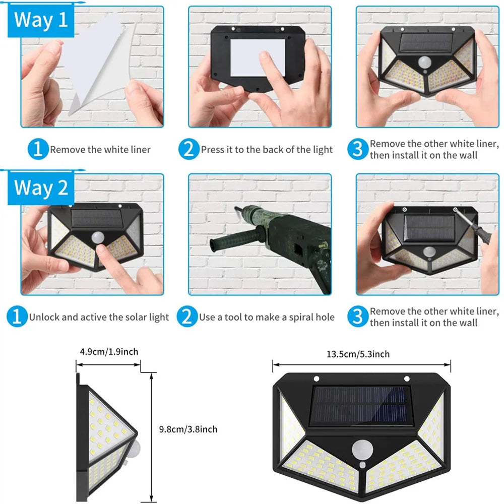 100 Led Solar Light, Easy installation and activation: solar light for outdoor use with IP65 weatherproofing and wide-angle view.