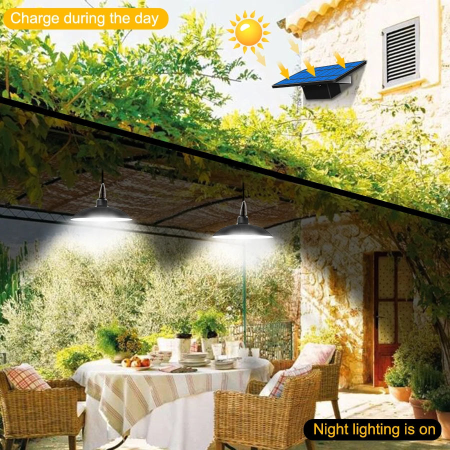LED Solar Pendant Light, Charges at night for daytime use, solar-powered LED light stays lit.