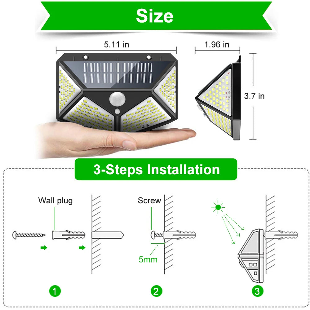 180 100 LED Solar Light, Small and versatile, this device measures 5.11x1.96x3.7 inches and can be installed indoors/outdoors.