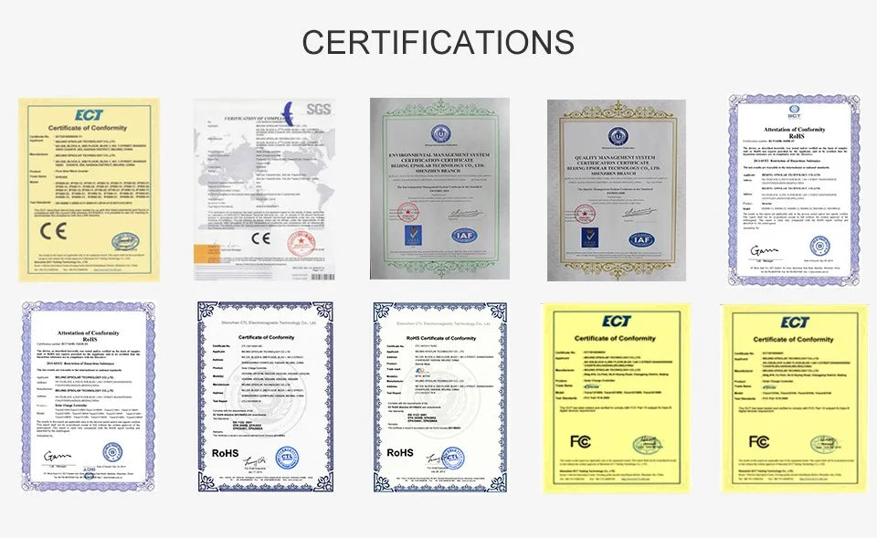 PowMr Solar Inverter, International safety certifications: ECT, SGS, Canada, CE, ECCE, RoHS ensure safe global use.