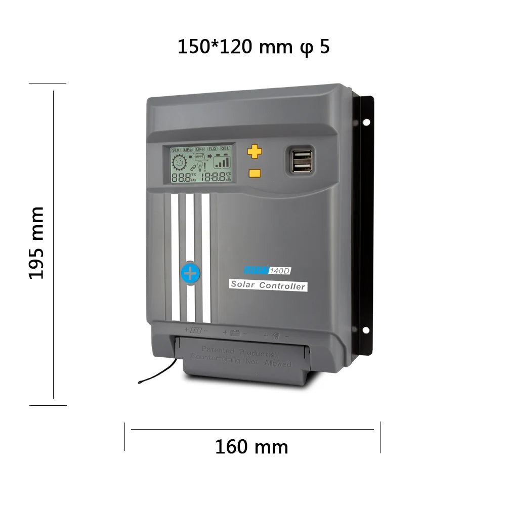 MPPT solar controller with LCD monitor, suitable for LiFePO4/Lithium batteries, with two USB ports and compact size.