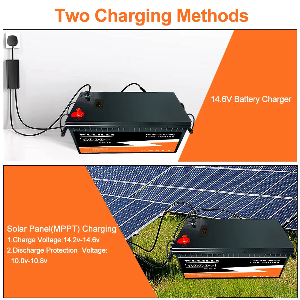Lithium iron phosphate battery pack with dual charging options: charger or solar power.