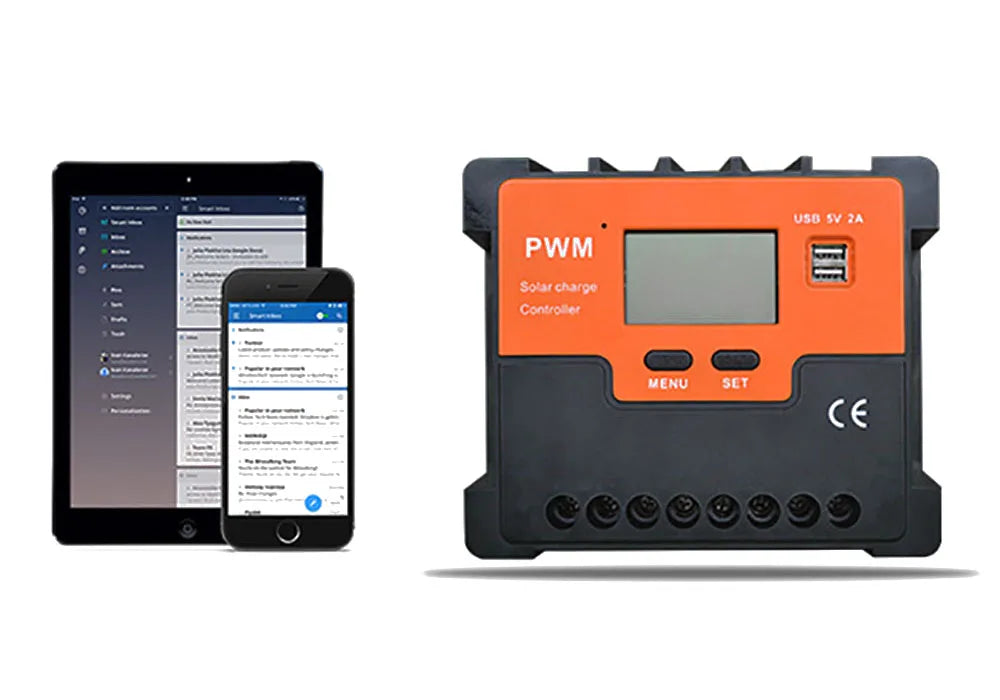 Advanced PWM solar charge controller for 12V/24V batteries, with equalizing charger and adjustable current/voltage regulation.