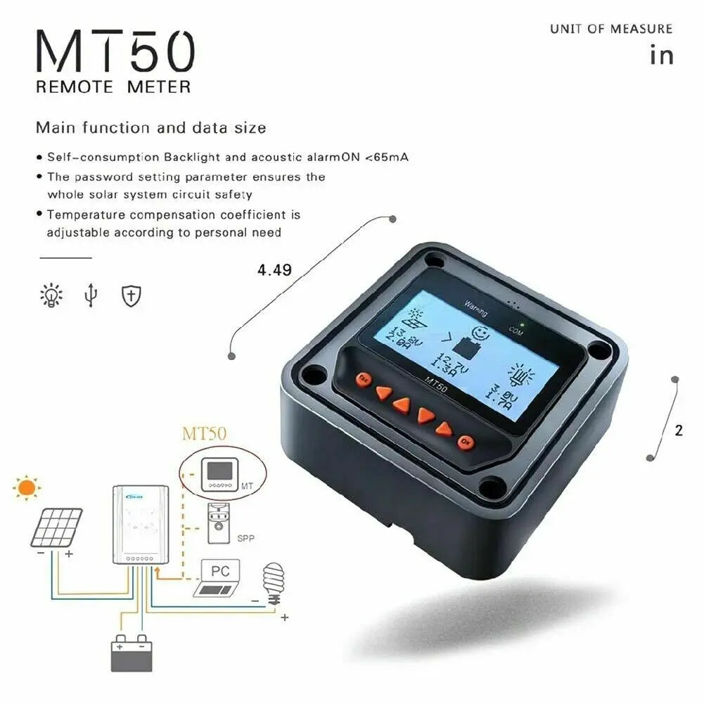 EPever MT50 Remote Display: compact, energy-efficient meter with backlight, alarm, and adjustable temperature compensation.