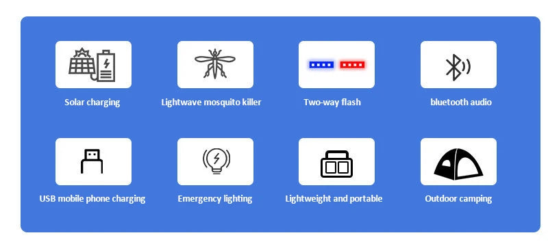 Self-contained portable device with solar power, light, bug repellent, speaker, and charger for camping and emergency situations.