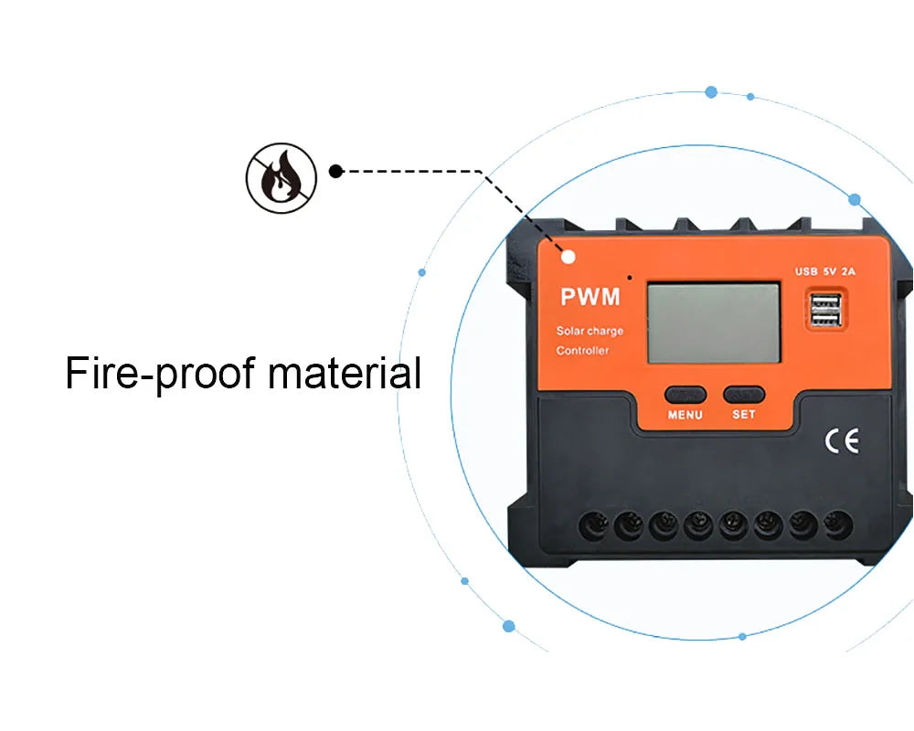 Solar charge controller for battery equalization and charging, features fire-proof materials and menu settings.