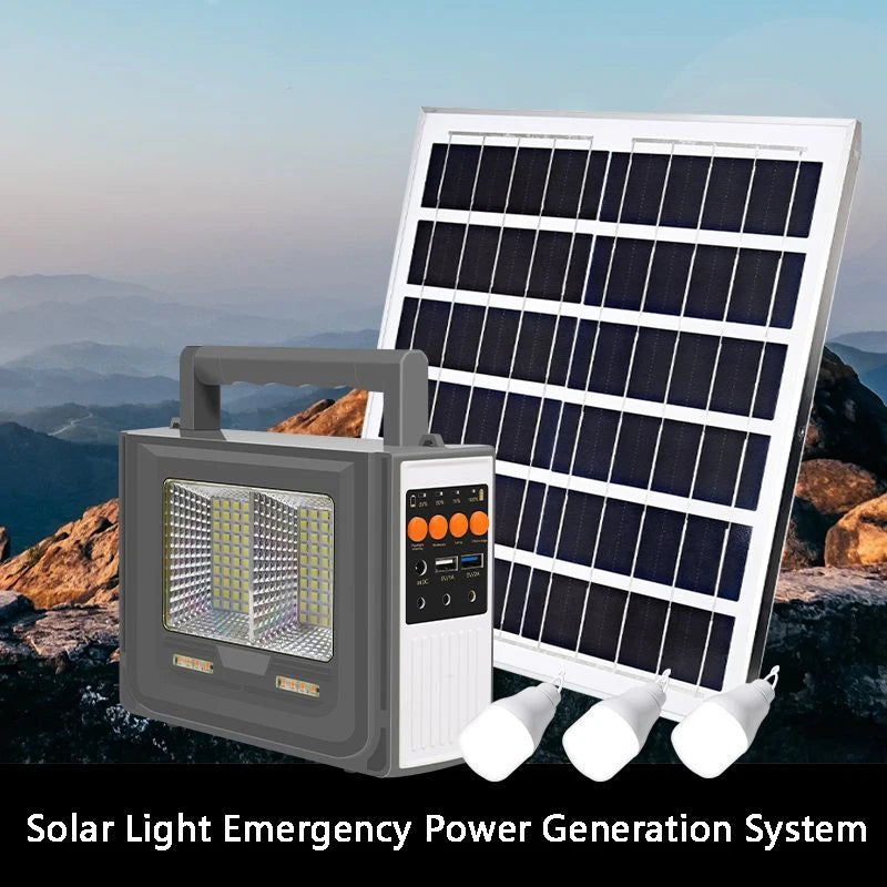 Solar-powered emergency power system for outdoor use.