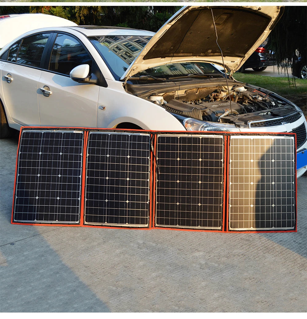 Portable solar panel with 12V controller, perfect for camping, travel, and home use.
