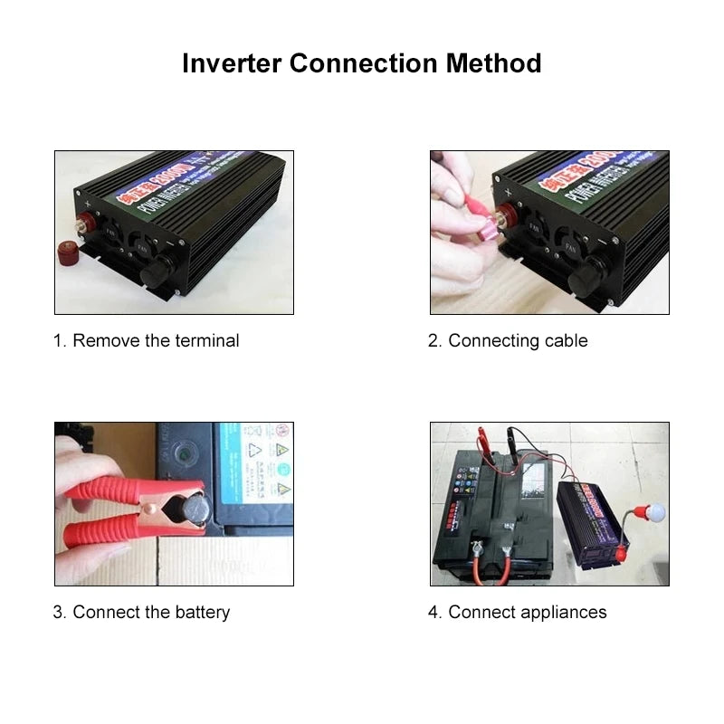 Pure Sine Wave Inverter, Connect appliances by removing Terminal 2, then connect the battery and finally attach the DC cable.