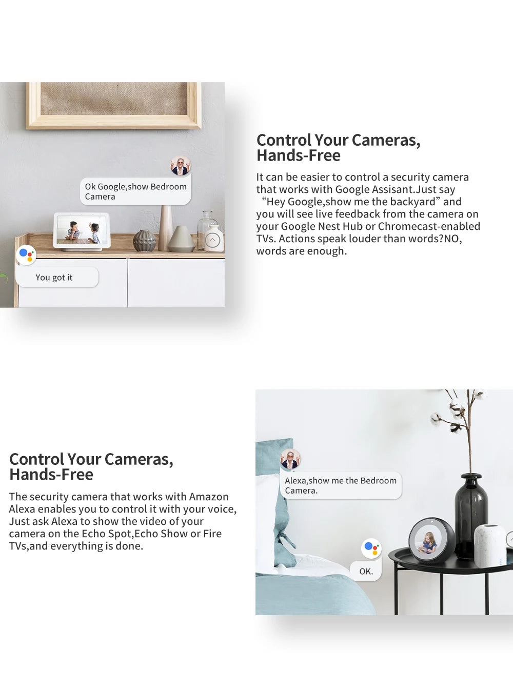 REHENTINT OG06T Solar Camera, Control cameras hands-free with voice commands using Google Assistant or Amazon Alexa.