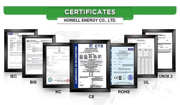 Howell 12v 100ah Battery, Certified by Howell Energy Co. with various international certifications.