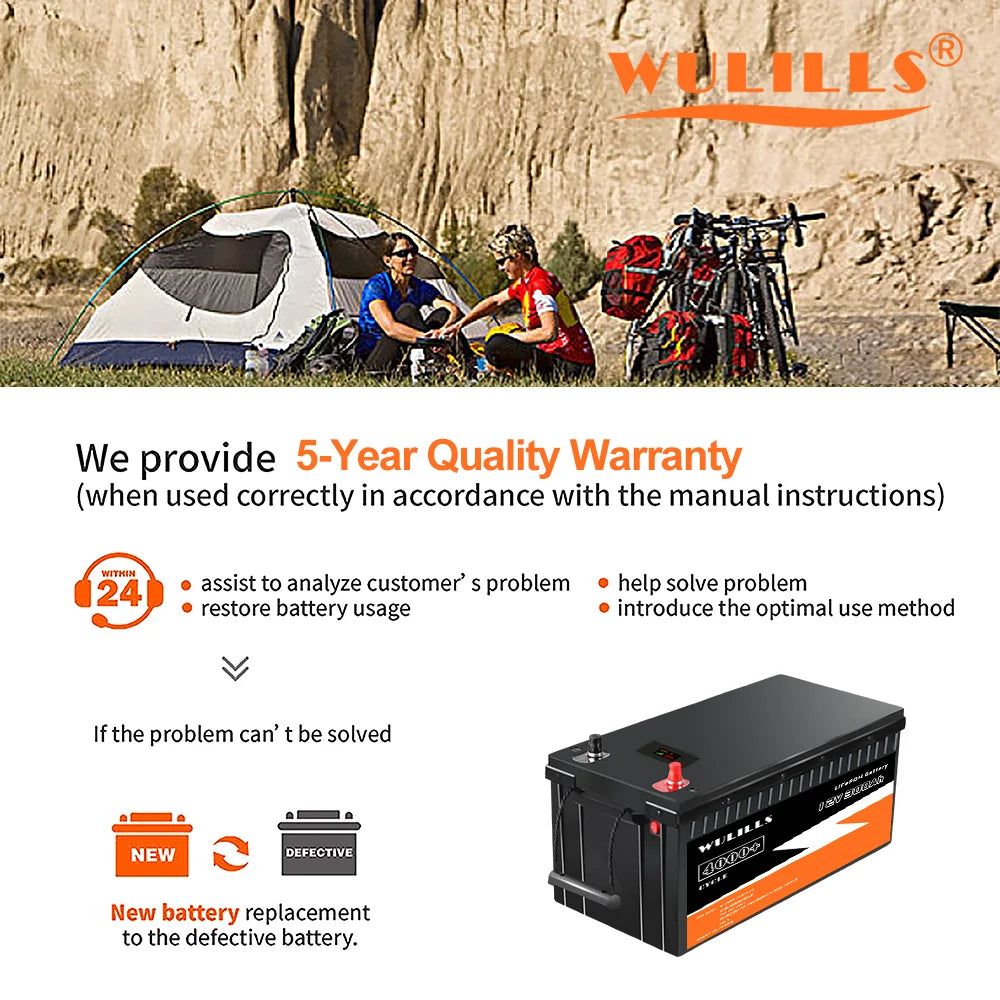 New 12V 300Ah LiFePO4 Battery, Warranty and support for LiFePO4 battery pack, ensuring optimal performance with diagnosis and replacement if needed.