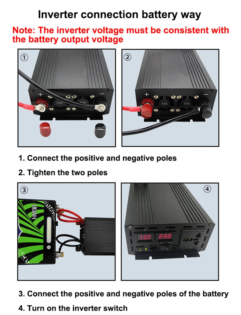 Connect inverter to battery by matching voltage, attaching terminals, tightening securely, linking poles, and turning on switch.