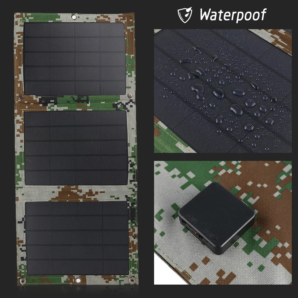 Foldable 5V 100W Dual USB Solar Panel, Compact, waterproof solar charger with dual USB ports and 4-in-1 cable for outdoor use.