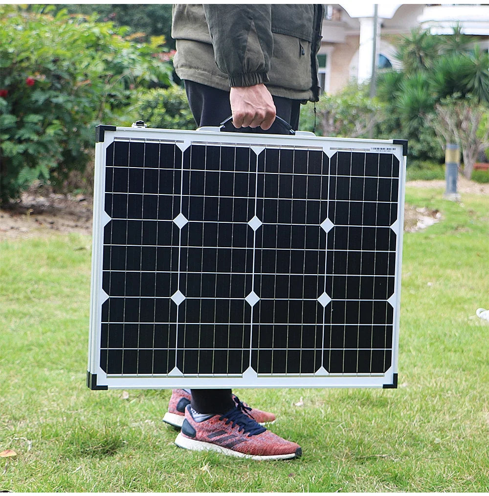 Dokio 100W Foldable Solar Panel, Gray controller supports 12V batteries; no battery connection required.