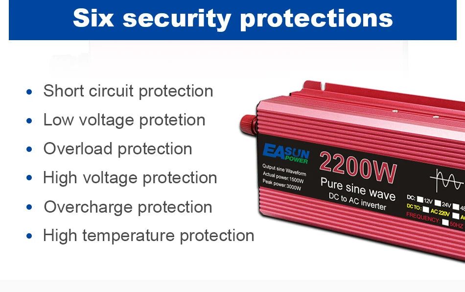 1000W 1600W 2200W 3000W Pure Sine Wave Inverter, Pure sine wave inverter with multiple protections for safe and reliable conversion of DC to AC power.