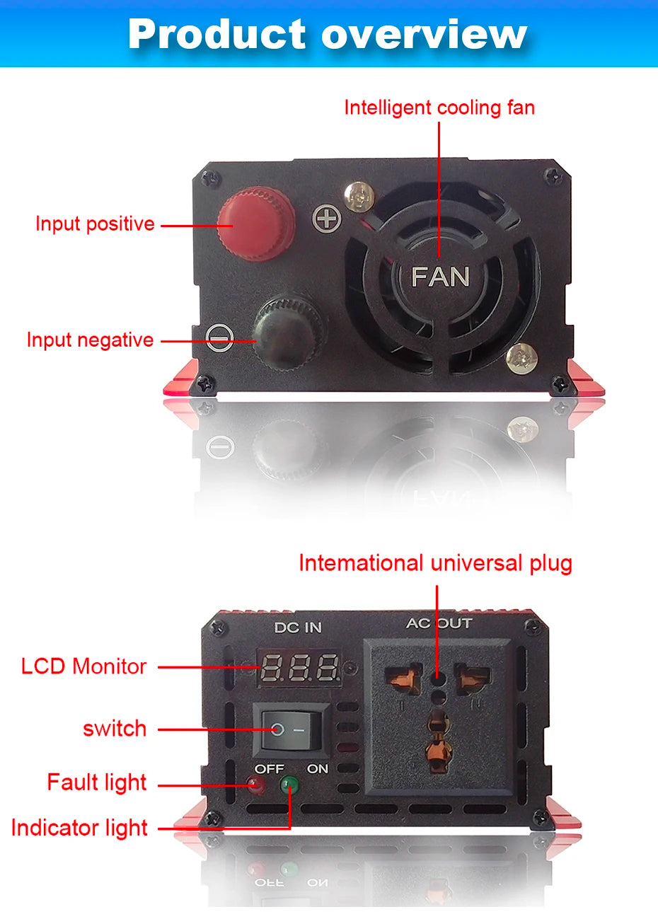 Pure sine wave inverter for solar power conversion, suitable for various voltages and powers.