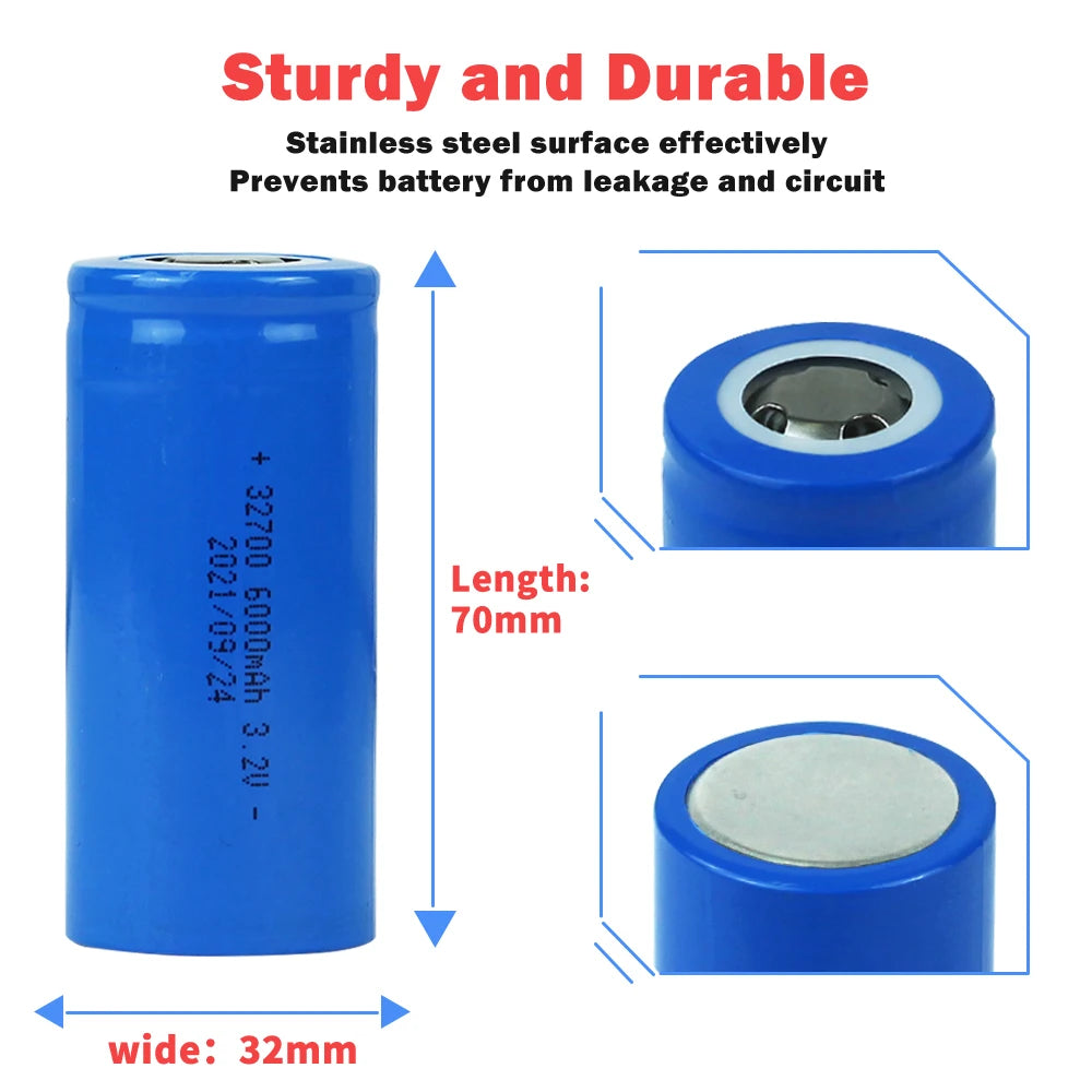 New 3.2V 32700 6000mAh LiFePO4 Battery, Durable stainless steel surface prevents leakage and corrosion, measuring 70mm x 32mm.