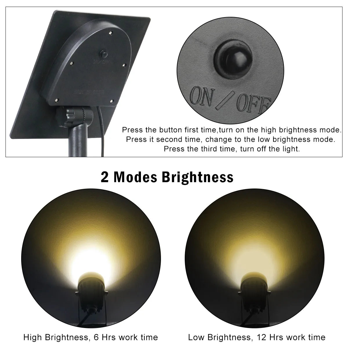 T-SUNRISE LED Solar Light, Adjustable brightness control with three settings: high (6h), low (12h), or off.