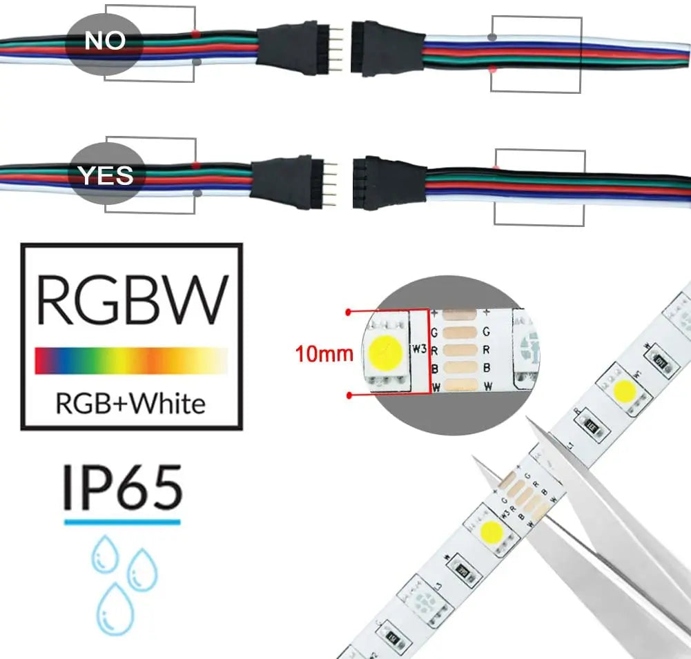 RGB+W LED strip with 1mm pitch and IP65 rating for customizable lighting.
