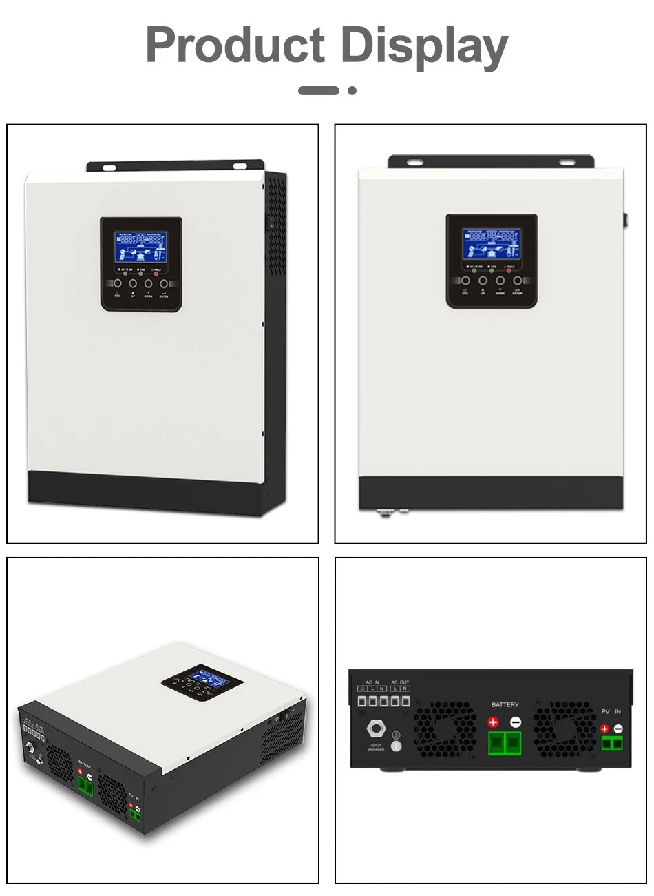 PowMr 2.4KW Hybrid Inverter, Hybrid inverter for renewable energy systems, producing pure sine wave output with MPPT charging.