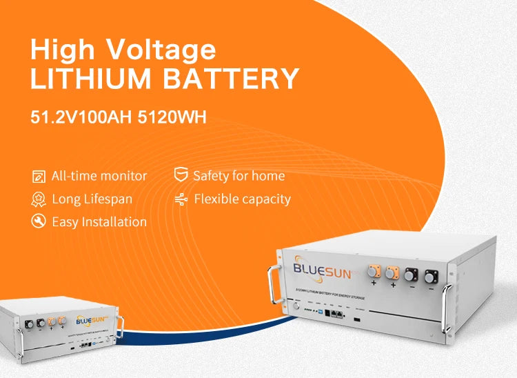 Bluesun 51.2V 100Ah Solar Battery, High-voltage lithium battery with long lifespan and flexible capacity, suitable for home use with easy installation.