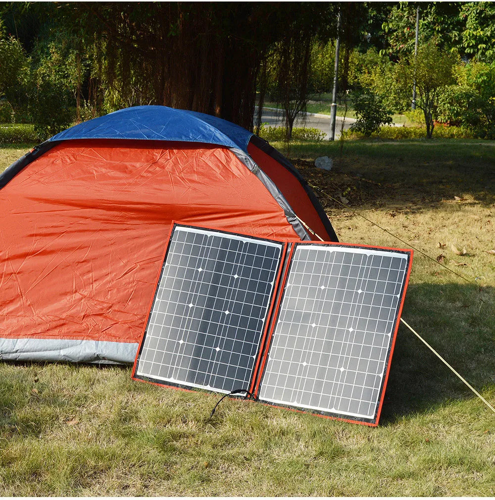 Dokio Flexible Foldable Solar Panel, Package includes solar panel, wire, controller, manual, and supports various batteries.