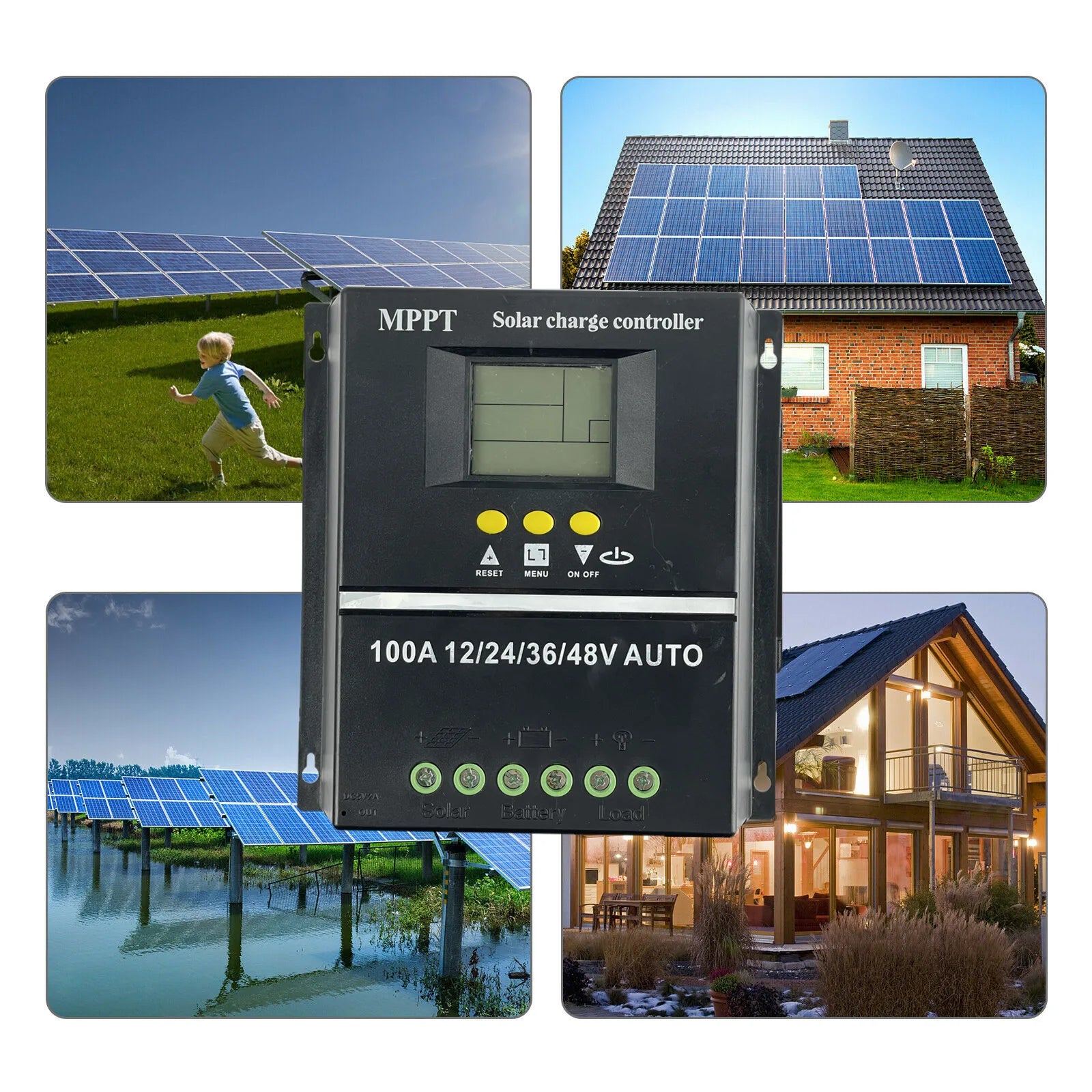 Advanced solar charger controller with LCD display, supporting 4 voltage levels and 100A charging capacity.