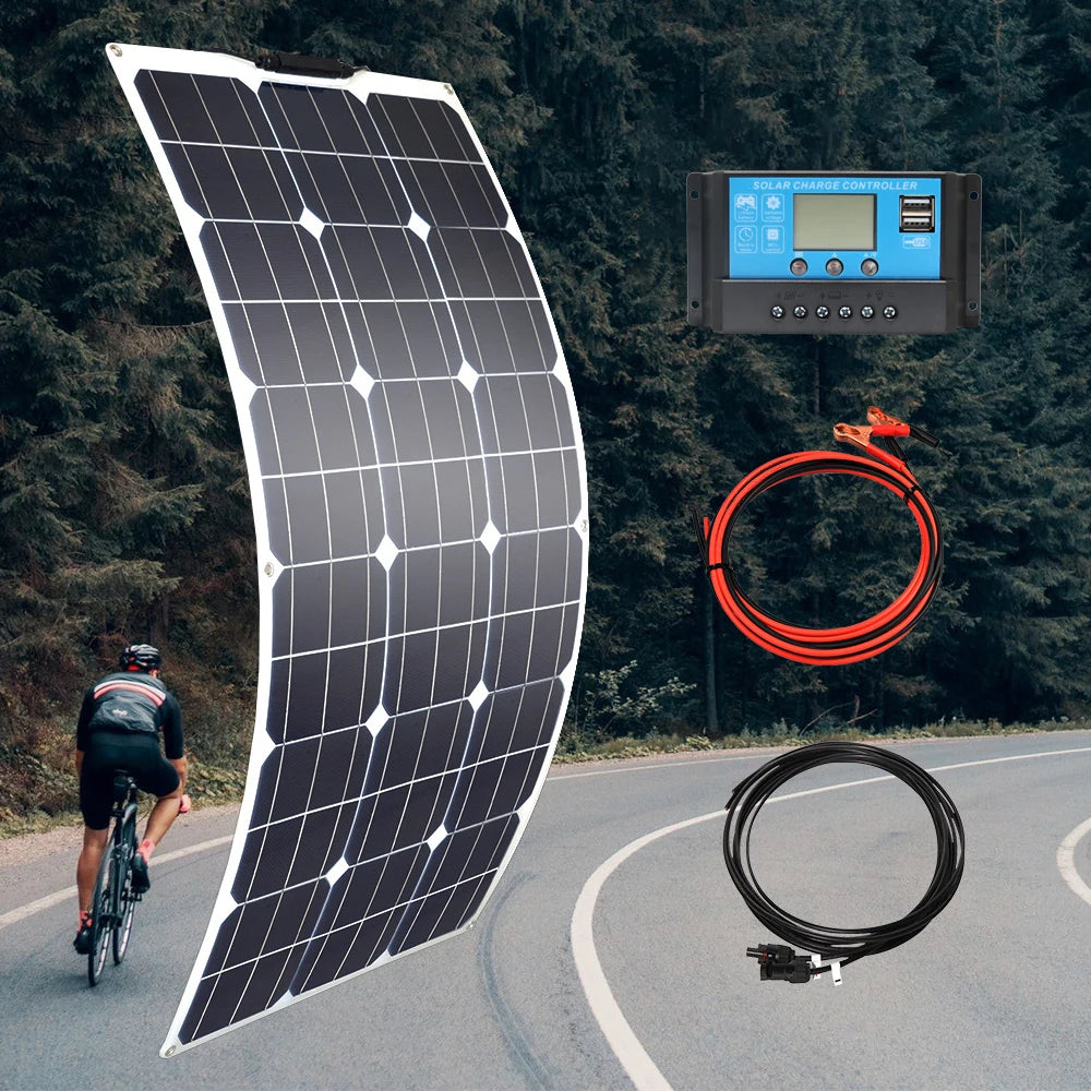 100w 200w 300w 400w Flexible Solar Panel, Complete kit with 1 PV connector, 3 x 100W solar panels, and installation guide.