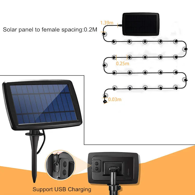 LED G40 Solar Garland LED Filament String Light, Long solar panel measures 13.9 feet, connects devices via 0.03 ft female connectors.