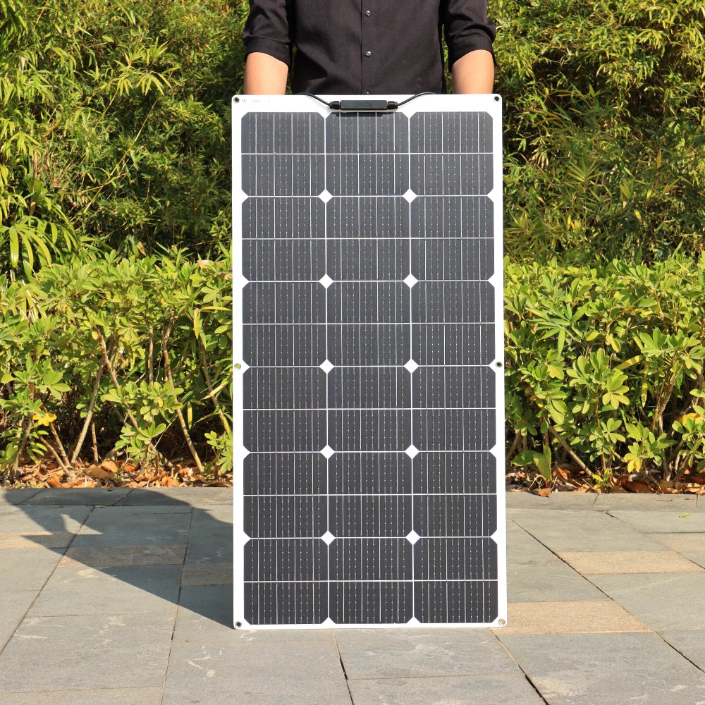 Flexible solar panel suitable for curved surfaces on vehicles like RVs, boats, and cars.