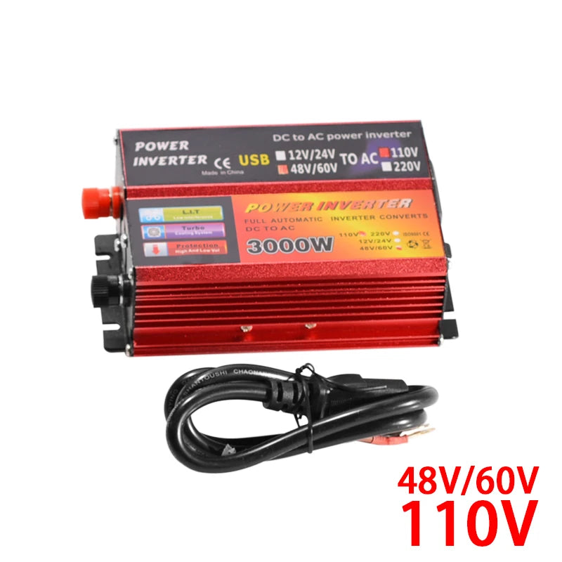 3000W Peak Solar Inverter: DC-AC converter with auto-input voltage adaptation and USB charging.