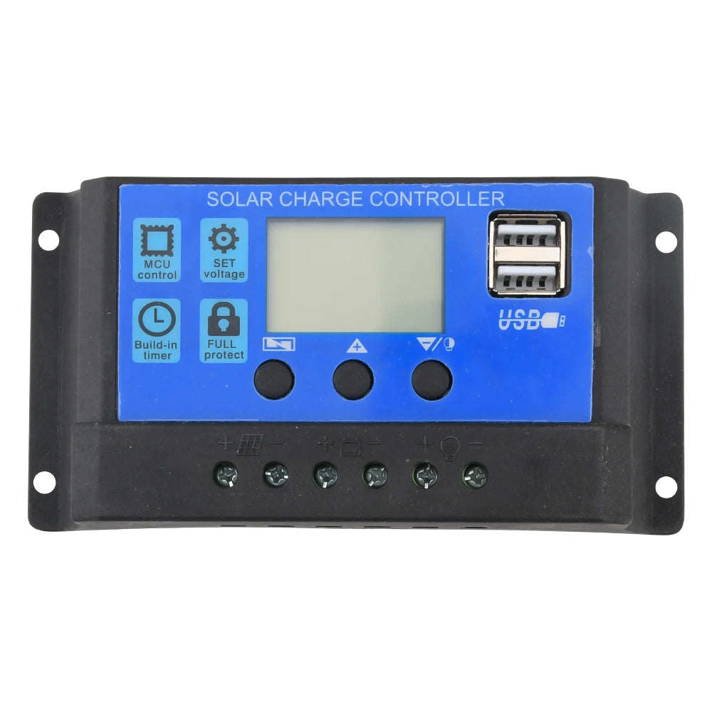 12V 24V PWM Solar Batteries Controller, Compact solar charge controller with timer protection and USB-C charging for safe and efficient power management.