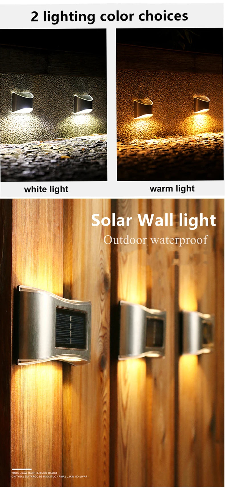 LED Solar Wall Light, Waterproof solar-powered wall light with warm or white lighting option for outdoor use.