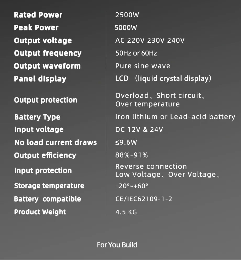 FCHAO 5000W Car Power Inverter, Pure sine wave inverter with LCD display, overload/short-circuit protection, and compatible with CE and IEC standards.