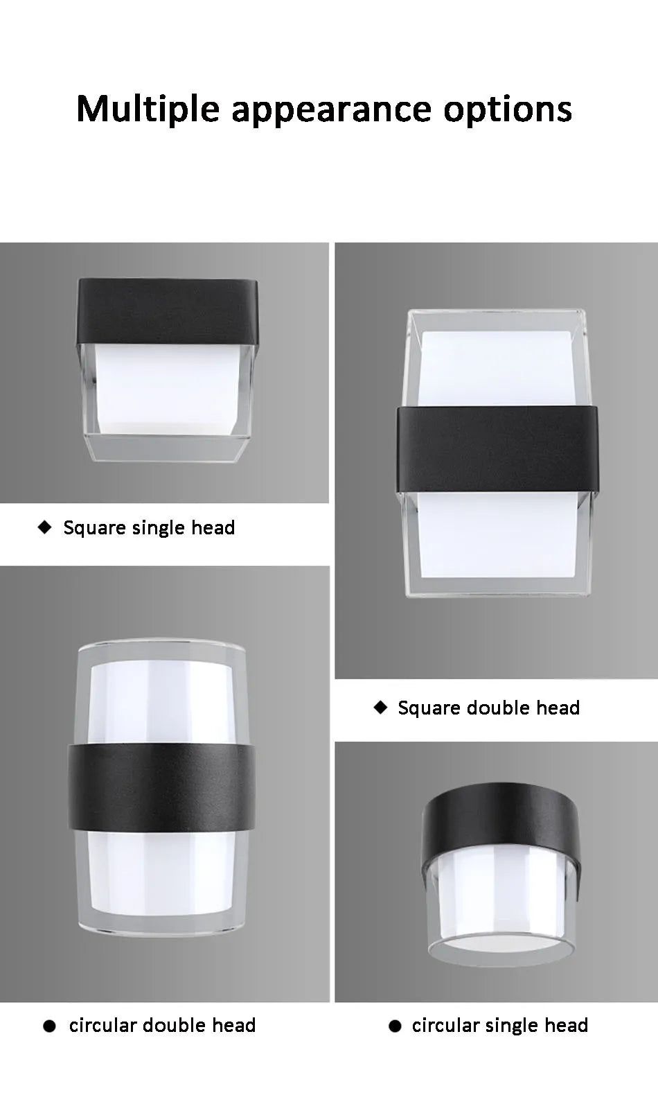 Led Wall Light, Four design options: square single-head, square double-head, circular single-head, and circular double-head.
