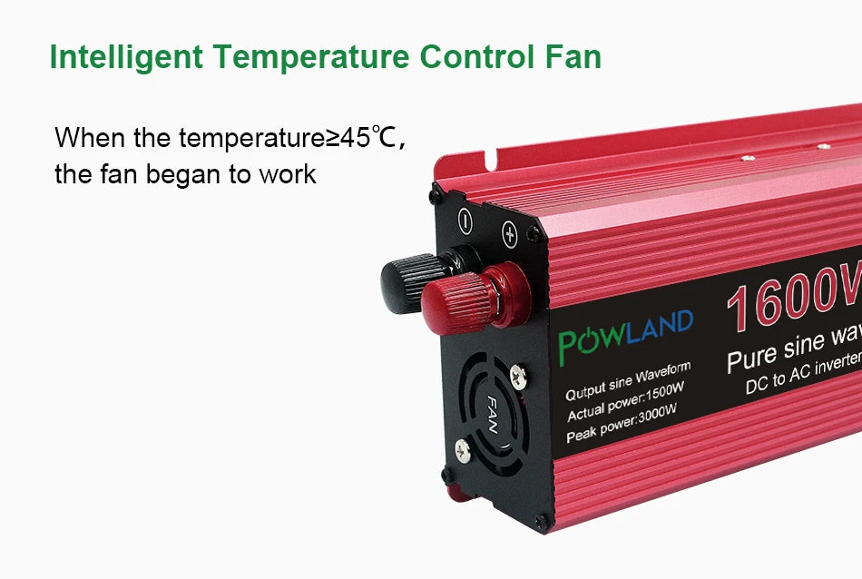 Pure Sine Wave Inverter, Intelligent temperature control fan, efficient DC-AC conversion, up to 3000W peak power.