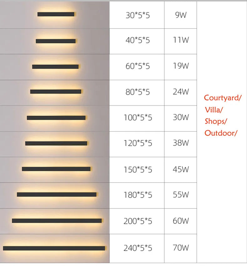 Waterproof LED long wall light, Dimensions and width specifications for iron + acrylic materials.