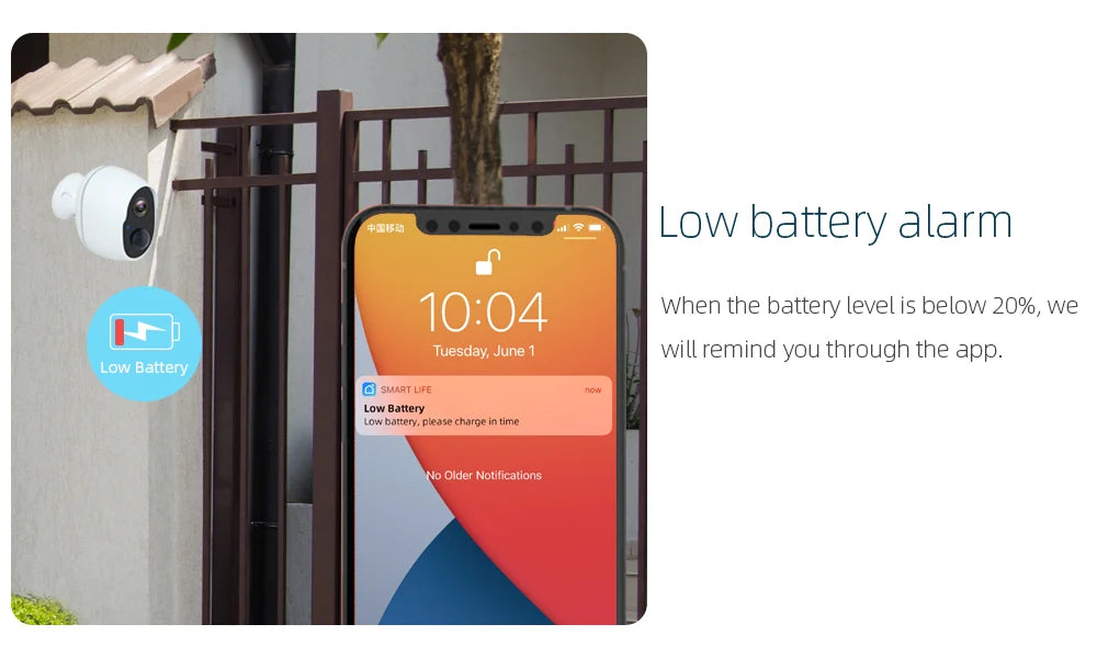 REHENTINT  OG06T Solar Camera, Low battery warning: charge now to avoid missing notifications, sent via app when battery drops below 20%.