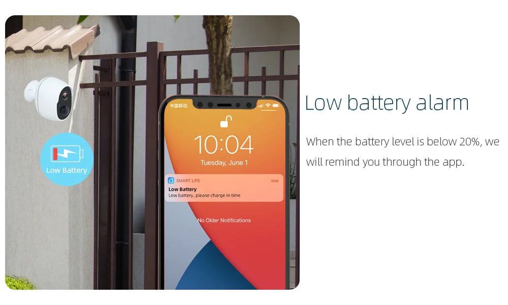 REHENTINT OG06T Solar Camera, Low battery warning: charge now to avoid missing notifications, sent via app when battery drops below 20%.