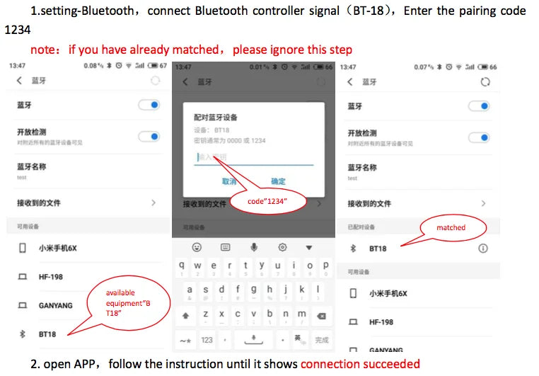 MPPT Solar Charge Controller, Bluetooth setup: Open app, pair device (code 1234), and follow in-app instructions for successful connection.
