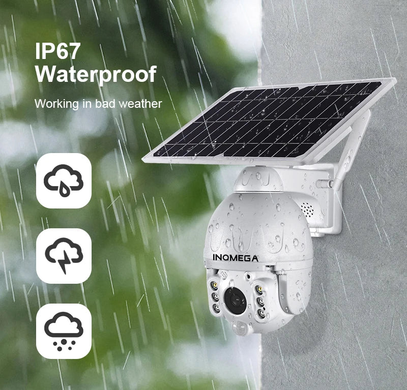 INQMEGA Outdoor Solar Camera, Waterproof IP67 rating allows for reliable operation in harsh weather conditions.