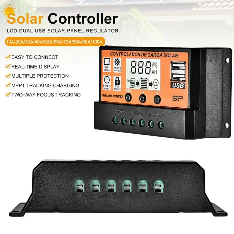 MPPT Solar Charge Controller with dual USB and LCD display for efficient energy management.