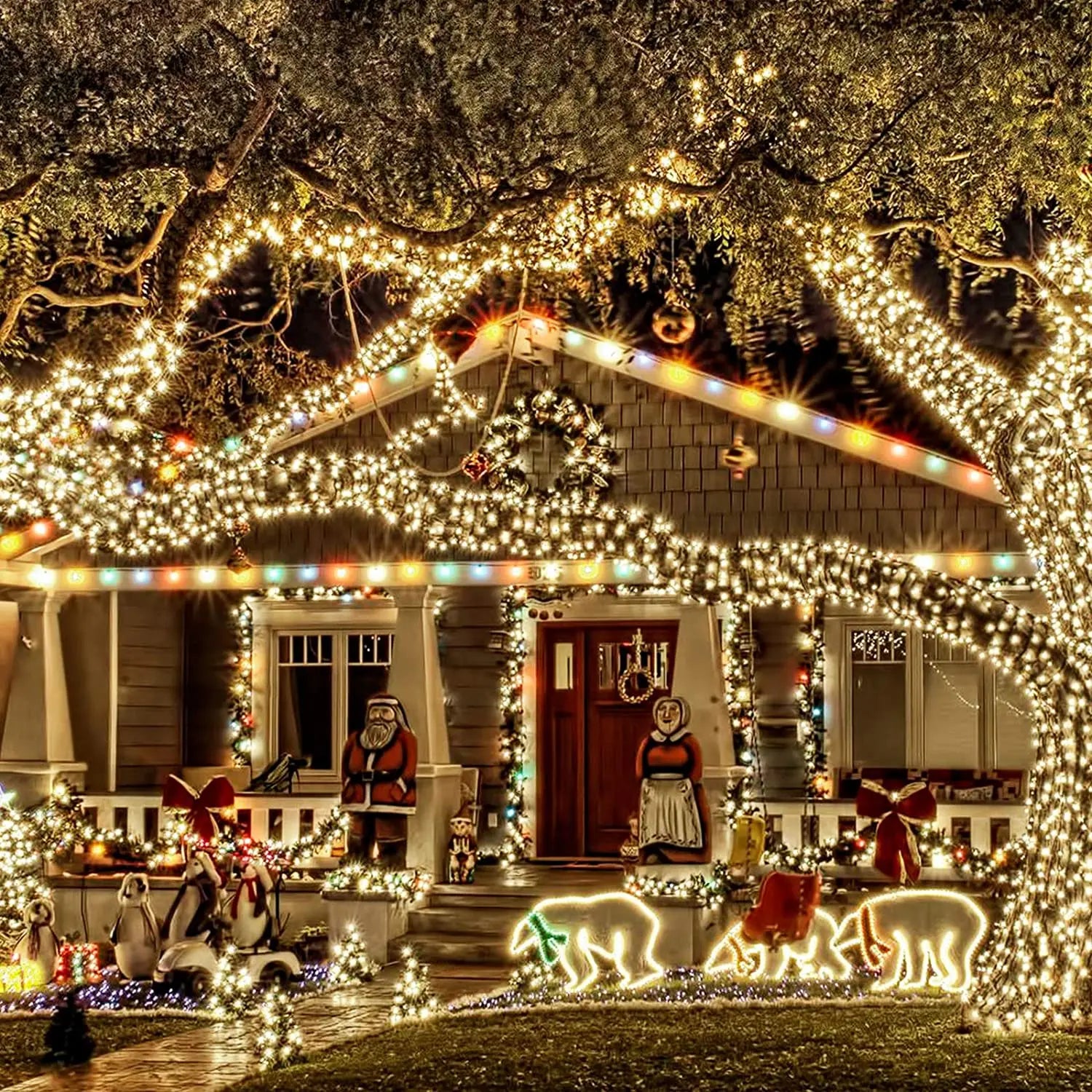 Outdoors Solar String Light, Power switch with on/off and mode options, featuring 8 modes and long flash mode.